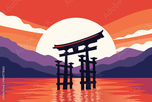 Traditional Japanese torii gate stands serenely in tranquil water.