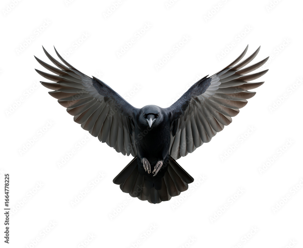 Fototapeta premium Majestic crow in mid-flight with outstretched wings on transparent background, PNG