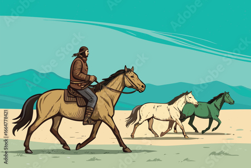 Traditional Mongolian rider herding horses across a vast landscape.