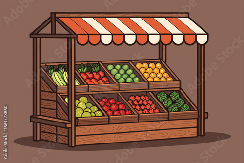 A rustic street market stall showcasing goods on a wooden shelf.