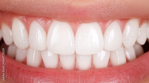 A womans perfect white teeth and lips, close up dental view