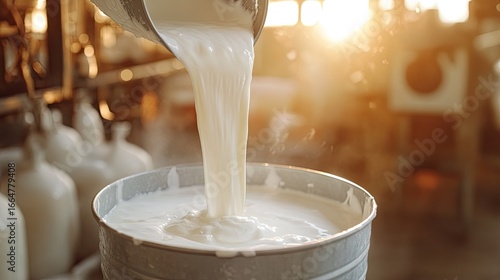 Pouring creamy goat milk into bucket, with focus on flow and texture, ideal for concepts of farm life and fresh dairy