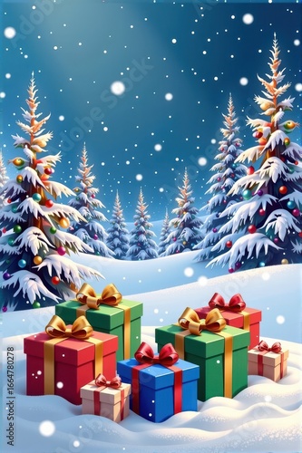 Snowy Christmas landscape with assorted gift boxes, winter wonderland scene, festive holiday background, landscape, merry