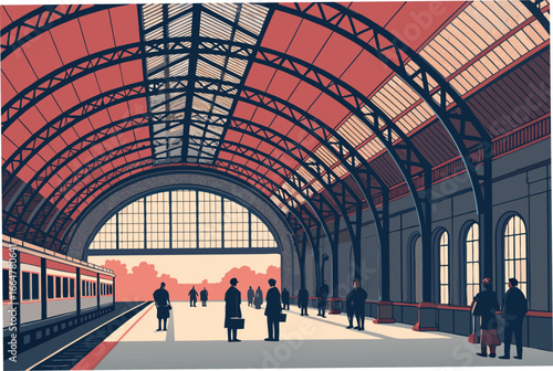 Train terminal hall with high arched ceiling.