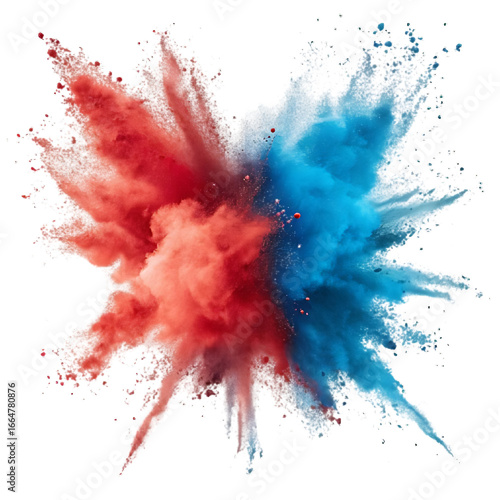 bright blue red paint color powder festival explosion burst isolated white background. industrial print concept background	