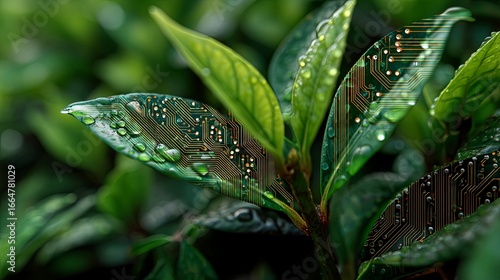 Green Leaves with Water Droplets Over Circuit Board Symbolizing Nature-Tech Integration and Eco Innovation