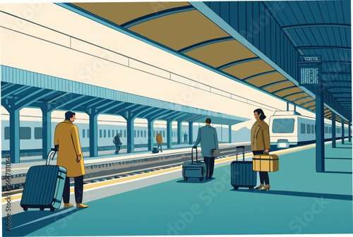Train terminal platform with luggage carts and waiting passengers.
