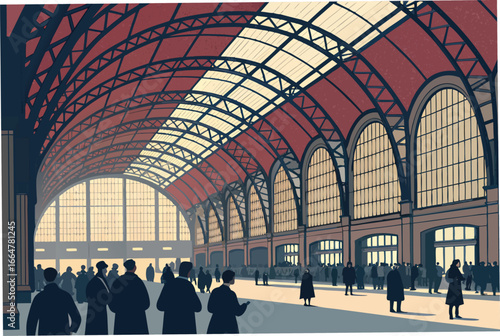 Grand train terminal hall, soaring arched ceiling.