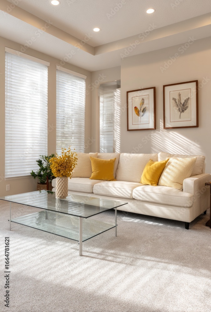Fototapeta premium Light-filled living room with cream accents