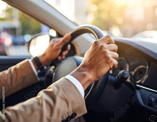 Close-up of hands on steering wheel