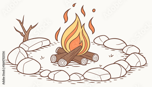 campfire with flames surrounded by rocks on a white background. Vector illustrationX