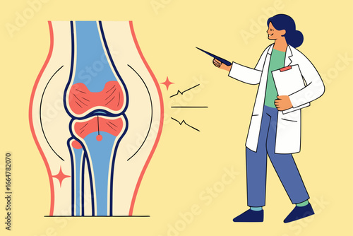 Medical doctor explaining human knee joint anatomy and joint pain concept