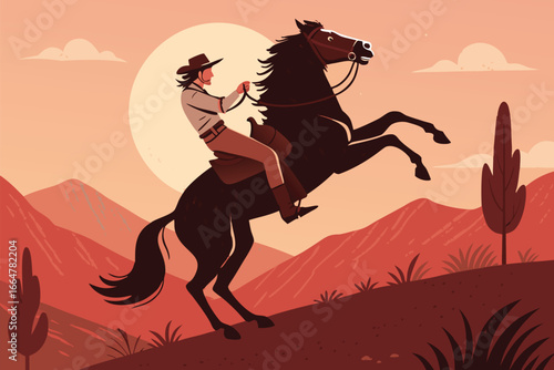 Wild rider taming a rearing stallion, a bold flat design.