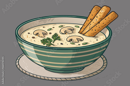 Western soup bowl with creamy mushroom soup and bread.