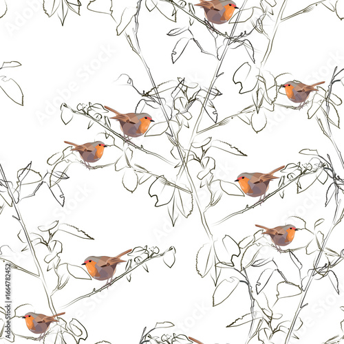 Obraz na plátně Seamless pattern with realistic robins and sketchy branches on a white background