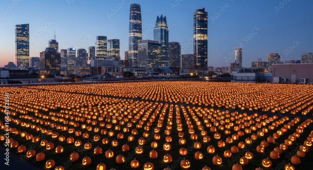 Fototapeta premium Rows of glowing jack-o-lanterns in a field with a city skyline at dusk.