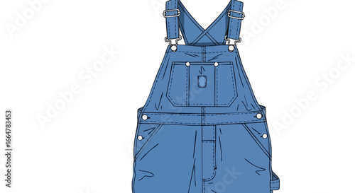 Denim Overalls Technical Fashion Illustration: A detailed vector drawing of blue denim overalls showcasing the design and construction of the garment
