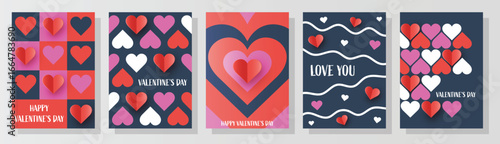 Collection of abstract greeting cards with paper cut heart. Modern design for Valentine’s Day. Vector illustration