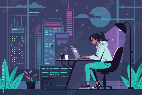 Woman coding at night, illuminated by neon lights.