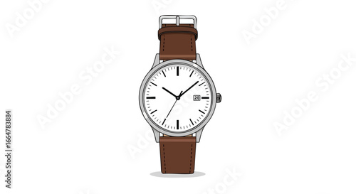 Stylized wristwatch illustration with brown leather strap and silver casing against a plain white background timekeeping object