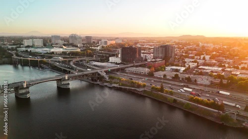 Aerial Drone Video of Portland Oregon Skyline and Bridges at Sunrise