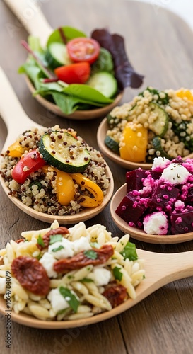 Wallpaper Mural Various salads served on wooden spoons including quinoa salad and pasta salad close up view on wood table Torontodigital.ca