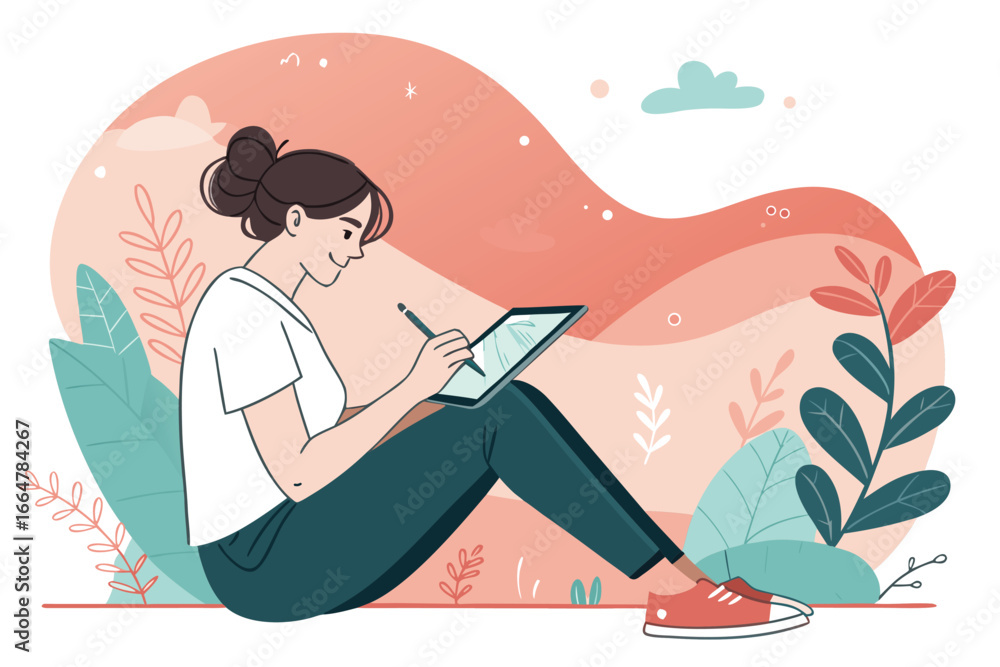 Fototapeta premium Woman freelancer designs graphics on a tablet.