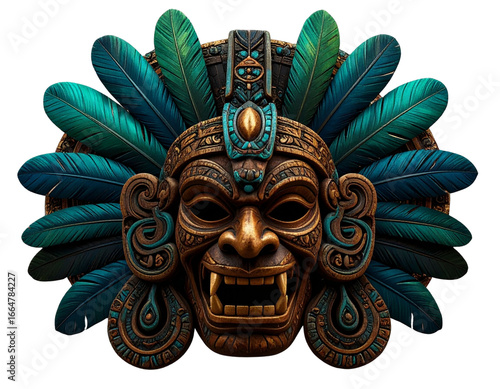 Ancient aztec warrior mask with vibrant green feathers and intricate details