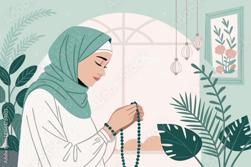 Woman praying at home, holding tasbih.