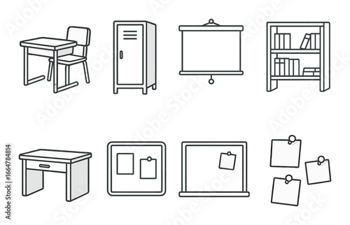 Set of classroom and office furniture icons featuring chairs, lockers, projector screens, and bookshelves