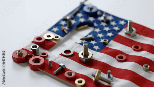 American flag artfully composed with nuts, bolts, and washers, celebrating craftsmanship, construction, and patriotic themes for commercial use