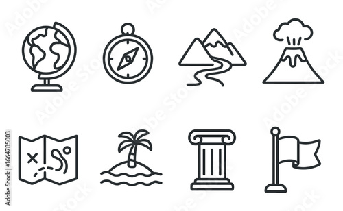World exploration icons: globe, compass, mountains, volcano, map, island, column, flag