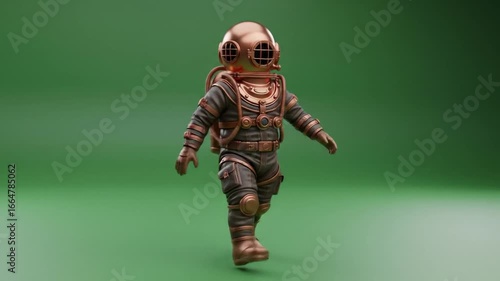 Animated Steampunk Diver Character Loop: Walking Cycle on Green Background with Retro Design