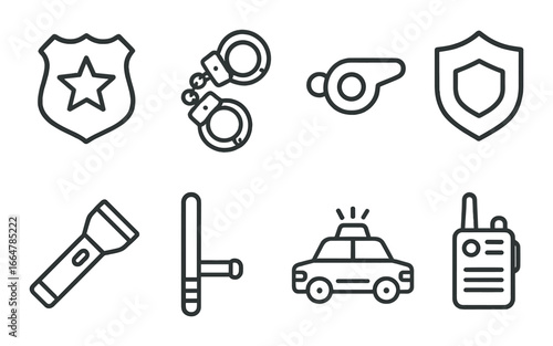 Law enforcement icons: badge, handcuffs, siren, shield, flashlight, baton, police car, radio