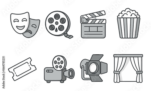 Cinema icons: theater masks, film reel, clapperboard, popcorn, ticket, projector, spotlight, curtain