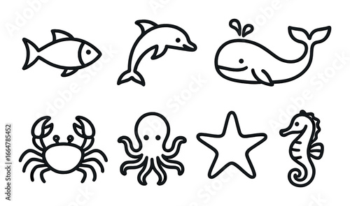 Black line art of marine animals including fish dolphin whale crab octopus starfish seahorse