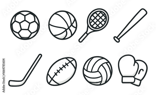 Icon set featuring various sports equipment on a dark background