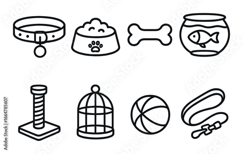 Pet accessories icons: collar, bowl, bone, fishbowl, scratching post, cage, ball, leash