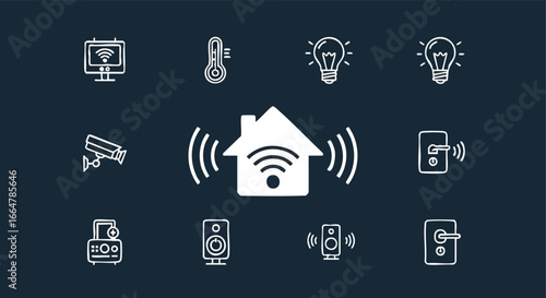 Smart Home Automation System Featuring Connected Devices and Wireless Technology Depicted in Line Art Icons