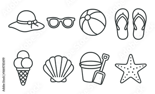 Outline icons of summer: hat, sunglasses, beach ball, flip flops, ice cream, shell, bucket, shovel, starfish