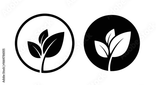 Two circular icons showing a plant sprout with leaves in black and white