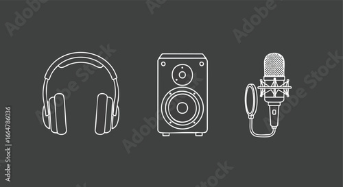 Minimalist Audio Setup: Headphones, Speaker, and Microphone Line Art on Dark Background for Music Production Representation