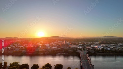 Drone Video of Sunrise Over Portland Oregon Skyline and Willamette River
