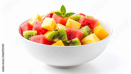 A vibrant and refreshing bowl of mixed fruit salad with diced watermelon, kiwi, and pineapple, presented as a healthy snack on a clean white background
