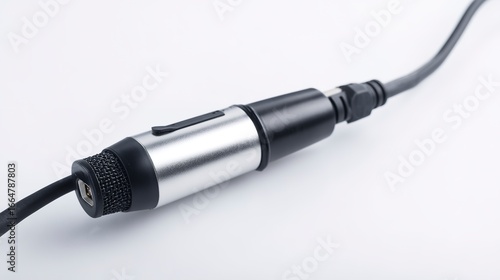 A closeup of a silver and black xlr microphone connector with cable, isolated on white