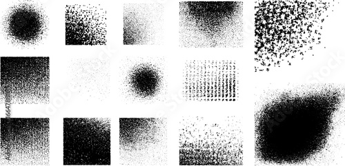 Isometric stippling and dotwork illustration set with halftone and vintage effects