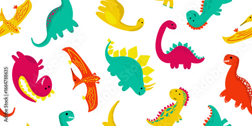 colorful kids dino vector seamless pattern for party decor nursery and textile prints doodle dinosaur in bright colors white background