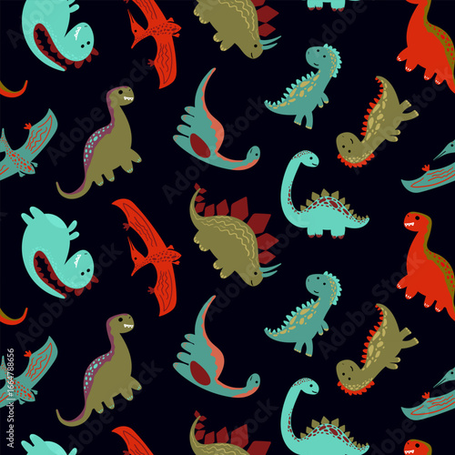 cute kids dinosaur seamless pattern dark background for textile fabric birthday party decorations boys nursery and pajamas design