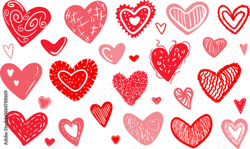 abstract vector set valentines day hearts in pink red tones for romance  love hand drawn doodle designs