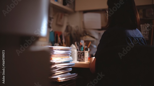 A woman works at a desk with stacks of papers and books in a dimly lit room